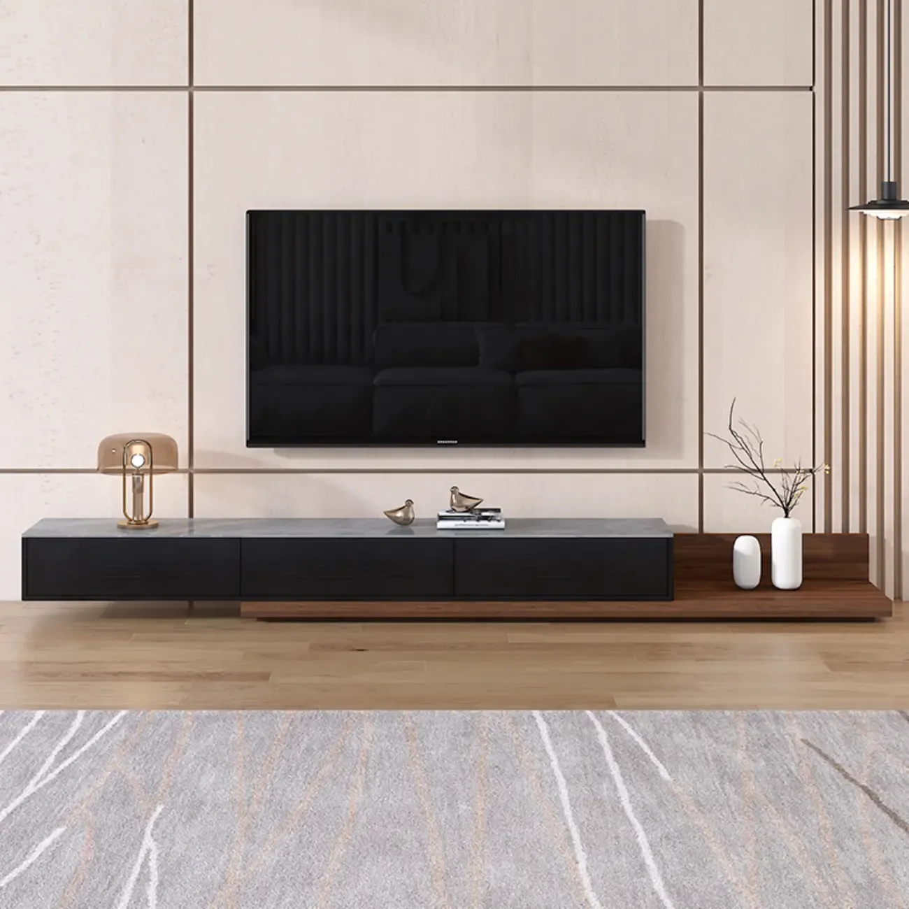 71" Walnut-Black Modern Stone TV Console with Drawers Image - 9