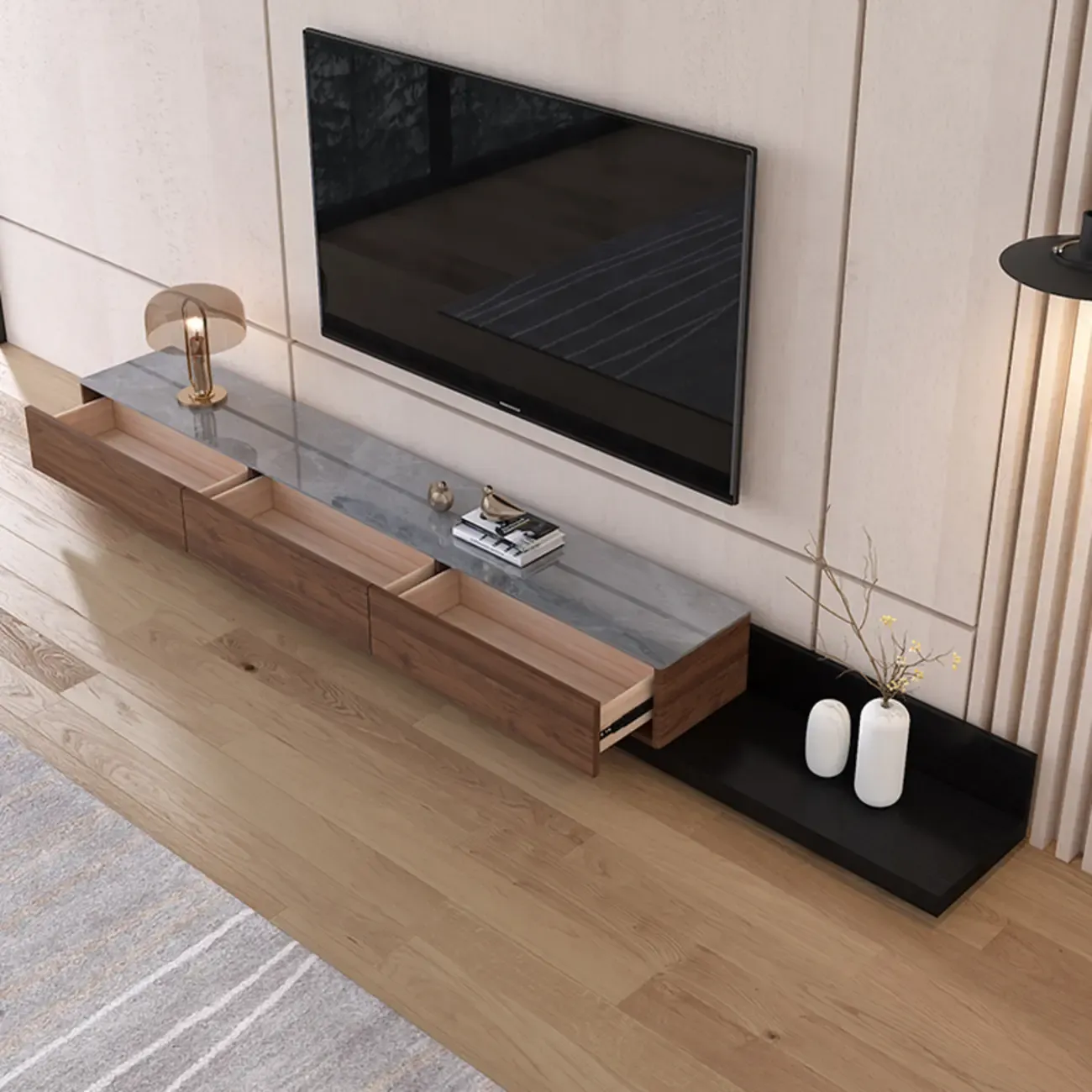 71" Walnut-Black Modern Stone TV Console with Drawers Image - 10