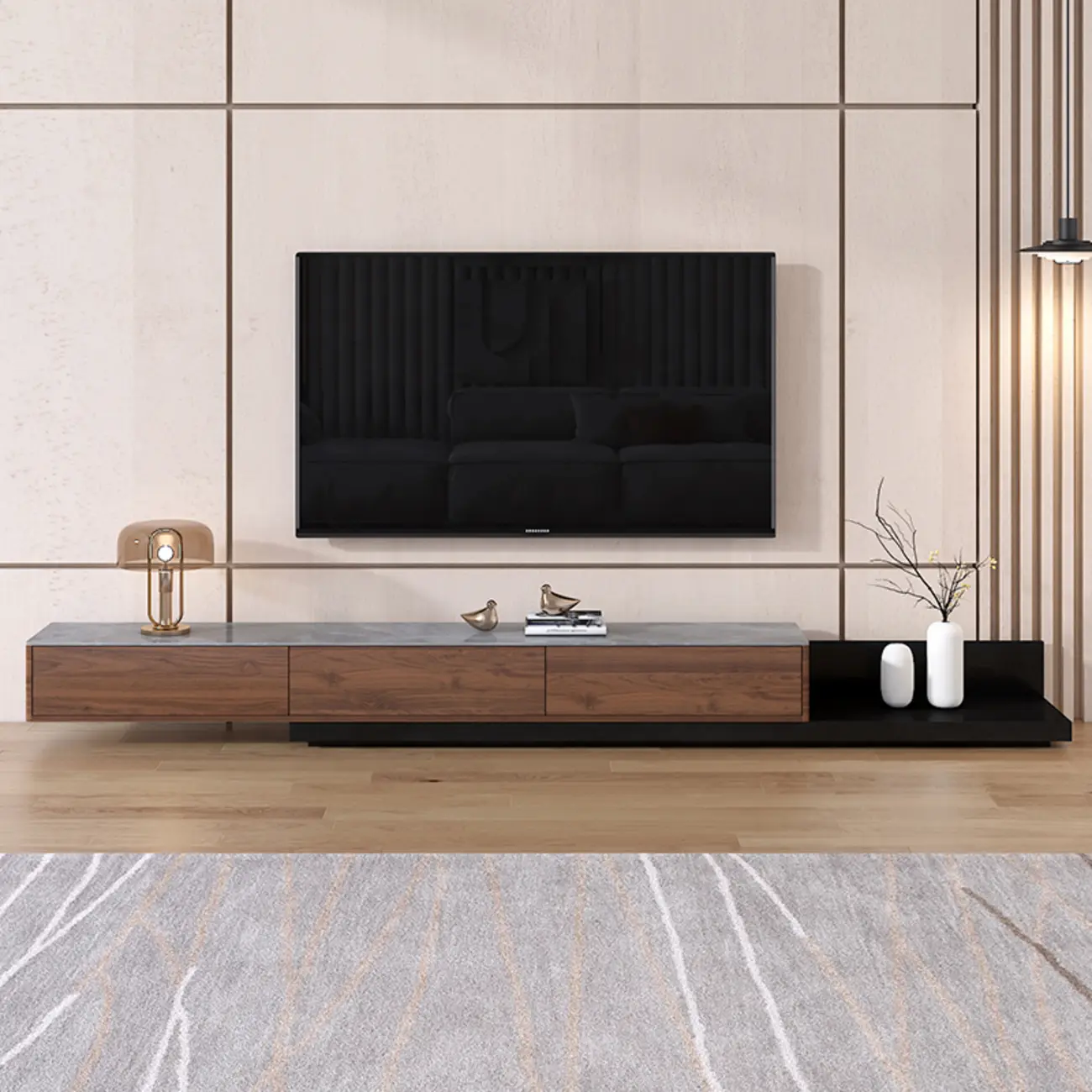 71" Walnut-Black Modern Stone TV Console with Drawers Image - 11 | homeyfad