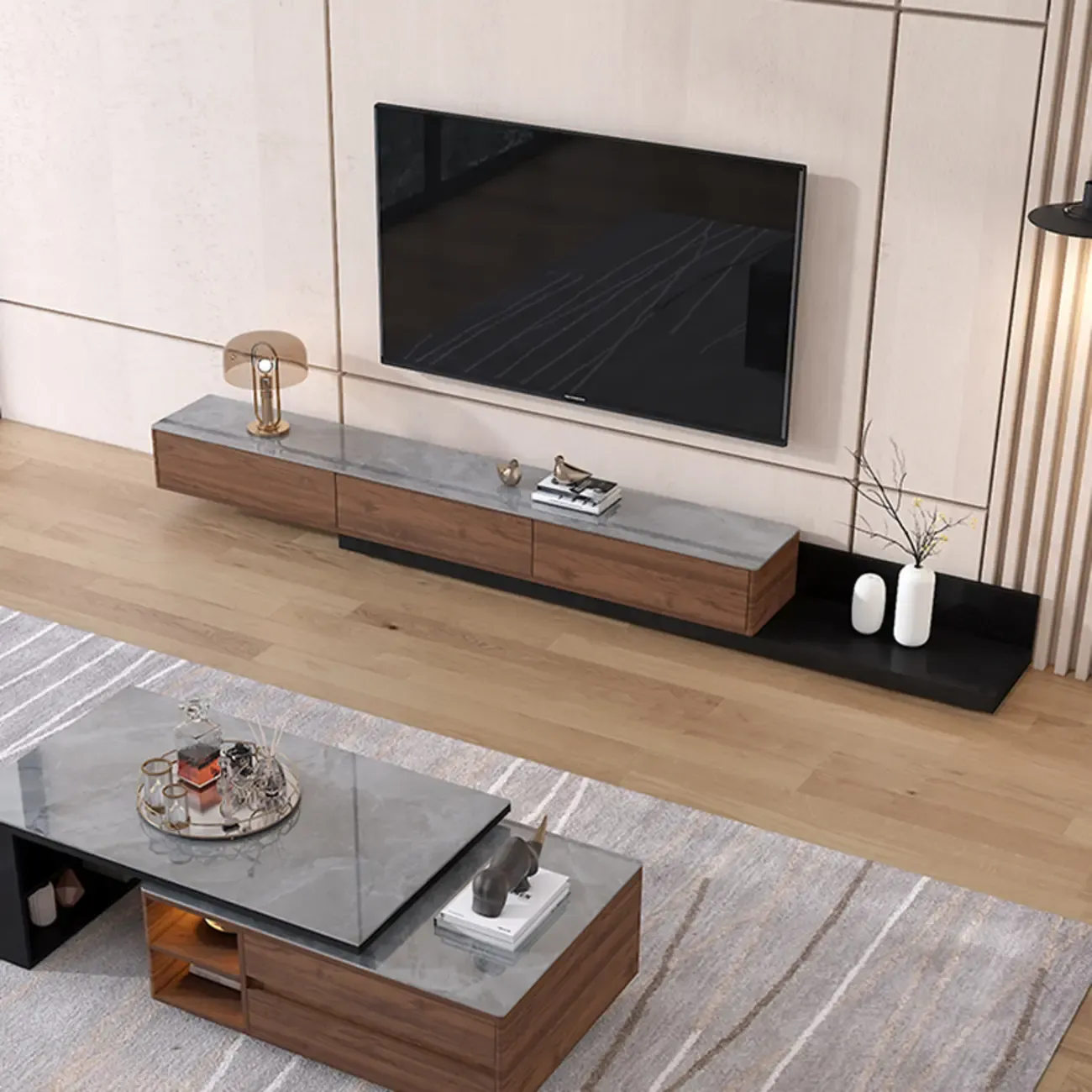 71" Walnut-Black Modern Stone TV Console with Drawers Image - 12