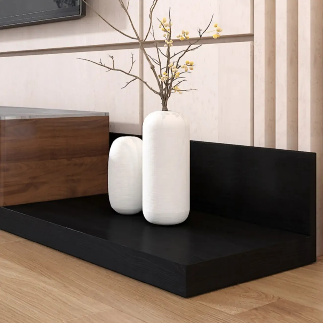 71" Walnut-Black Modern Stone TV Console with Drawers Image - 14