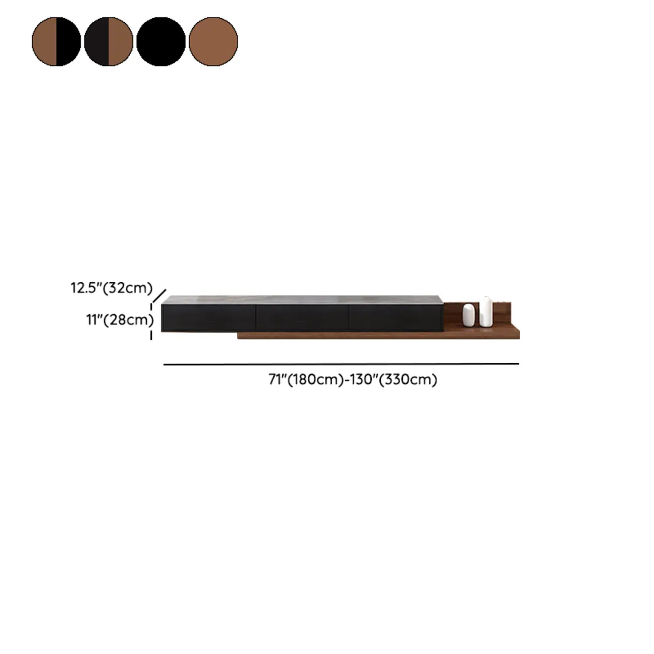 71" Walnut-Black Modern Stone TV Console with Drawers #size