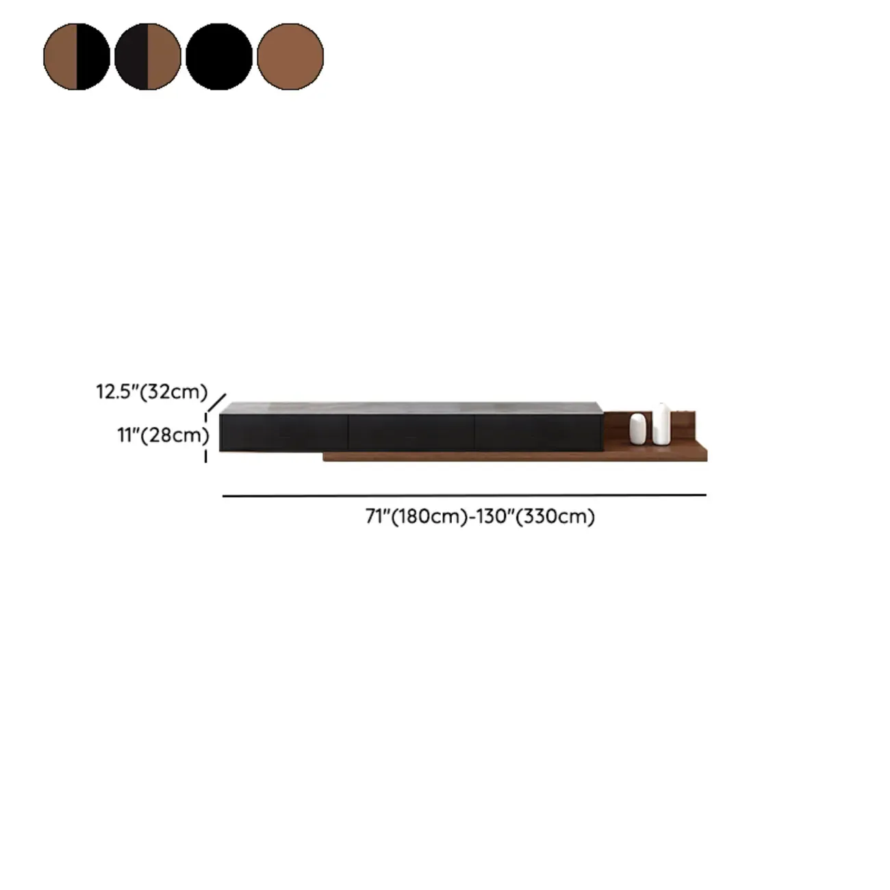 71" Walnut-Black Modern Stone TV Console with Drawers #size