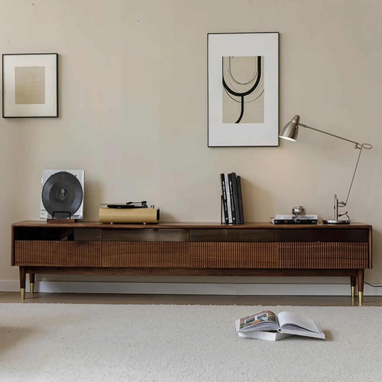 94.5" Scandinavian Walnut TV Stand with Drawers Image - 1 | homeyfad