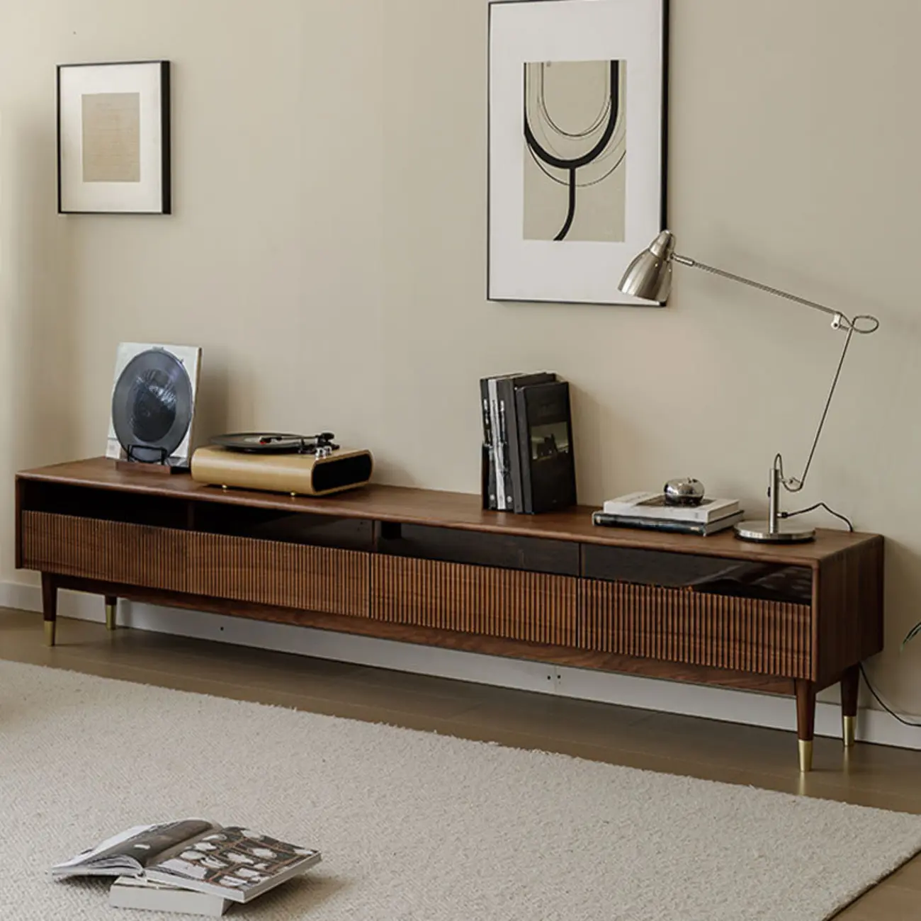 94.5" Scandinavian Walnut TV Stand with Drawers Image - 2 | homeyfad