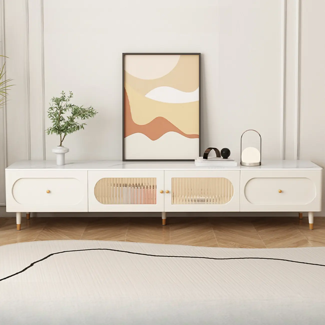  71"L Modern Rectangle Stone TV Stand with Cable Management Image - 2 | homeyfad