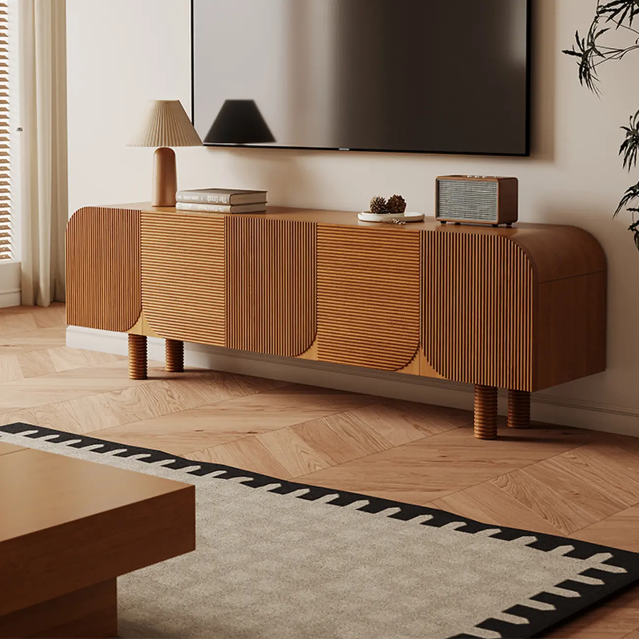 71" Rustic Brown Fluted Wooden TV Stand for Living Room Image - 1 | homeyfad