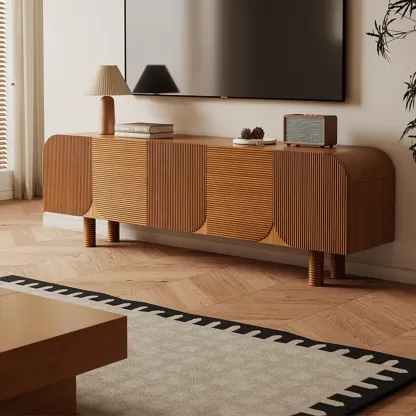 71" Rustic Brown Fluted Wooden TV Stand for Living Room Image - 1