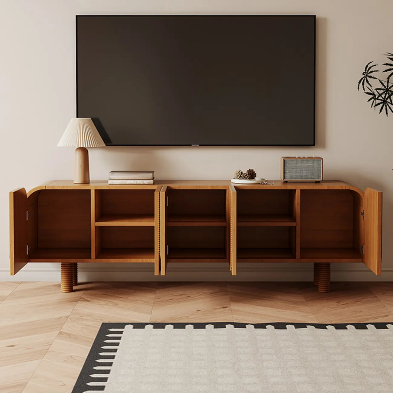 71" Rustic Brown Fluted Wooden TV Stand for Living Room Image - 4 | homeyfad