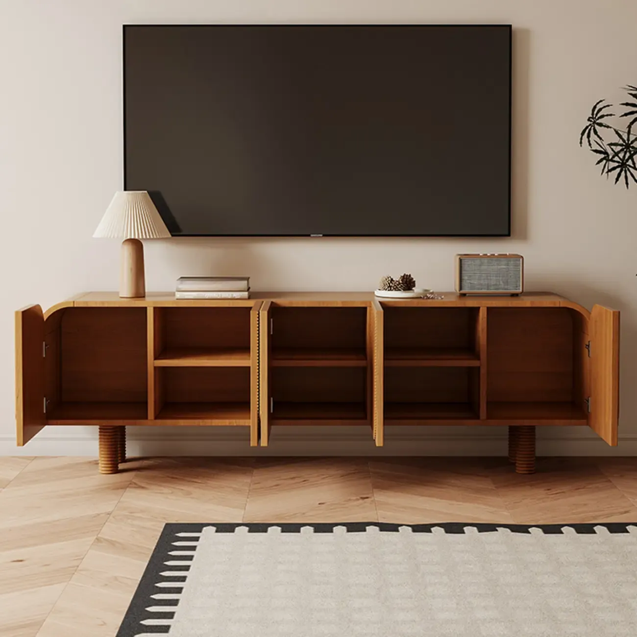 71" Rustic Brown Fluted Wooden TV Stand for Living Room Image - 4