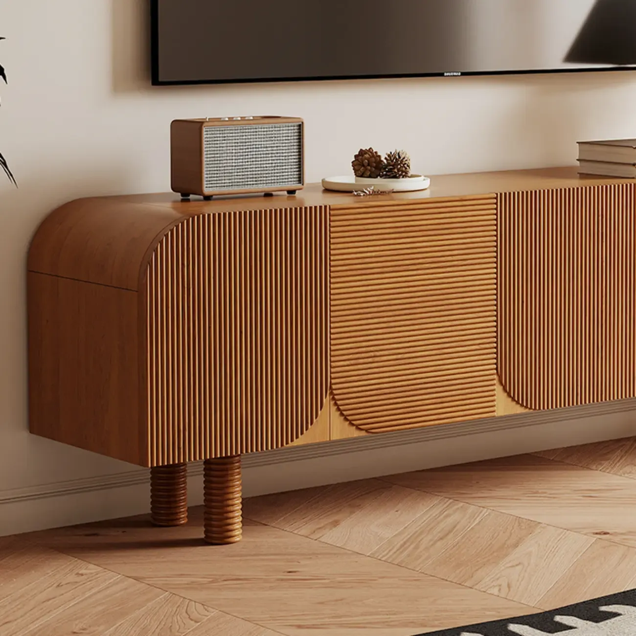 71" Rustic Brown Fluted Wooden TV Stand for Living Room Image - 5