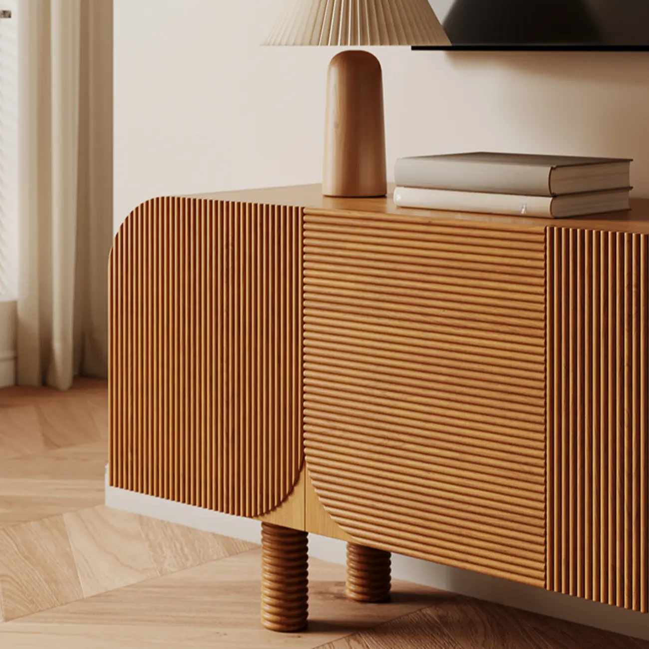 71" Rustic Brown Fluted Wooden TV Stand for Living Room Image - 7 | homeyfad