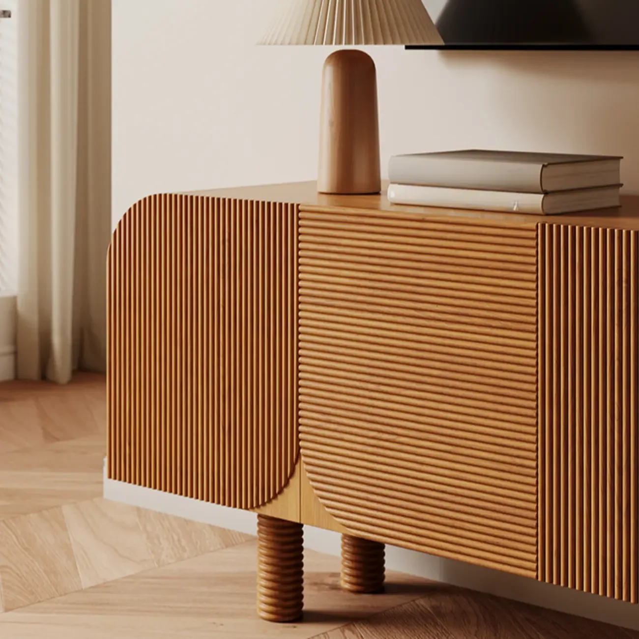 71" Rustic Brown Fluted Wooden TV Stand for Living Room Image - 7