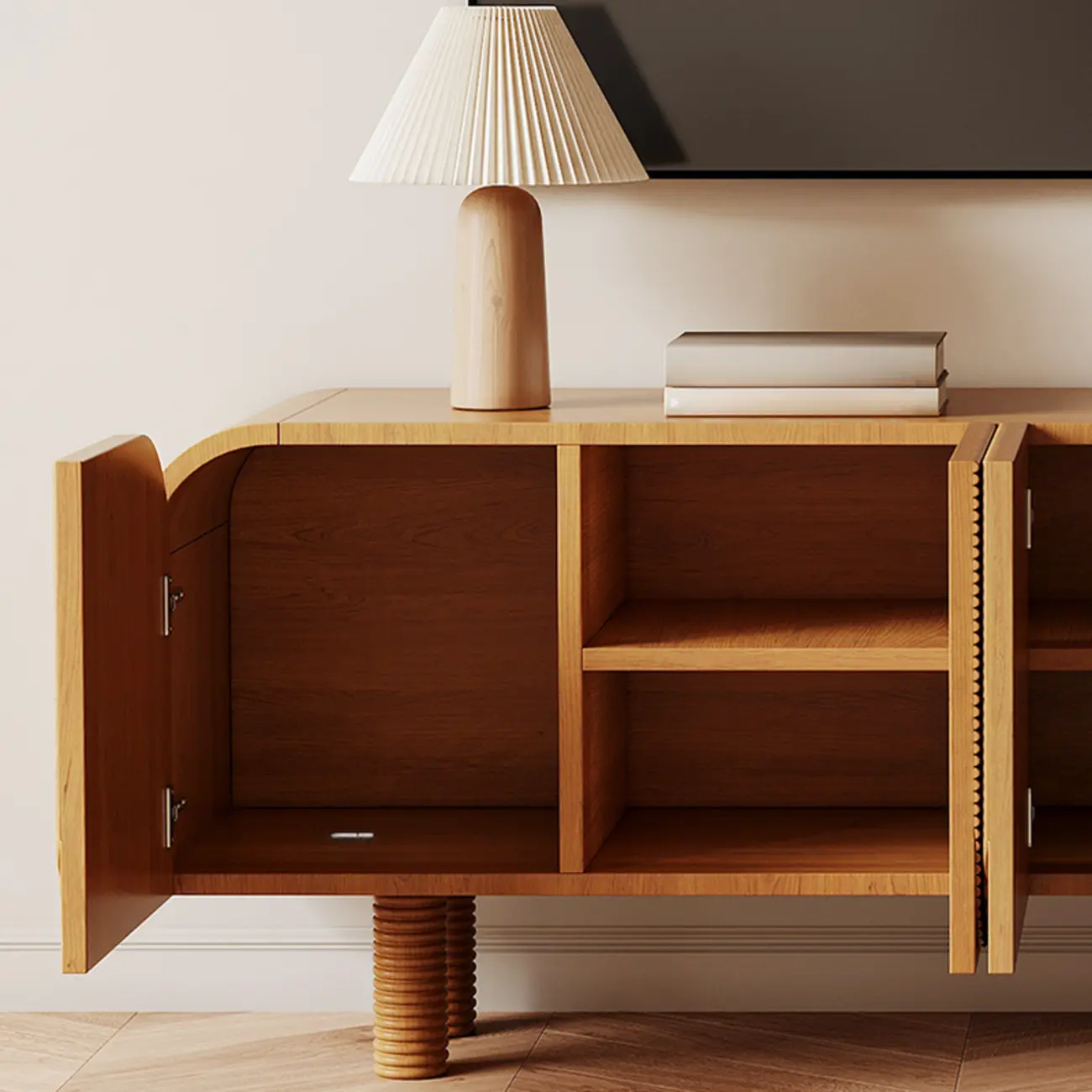 71" Rustic Brown Fluted Wooden TV Stand for Living Room Image - 10 | homeyfad