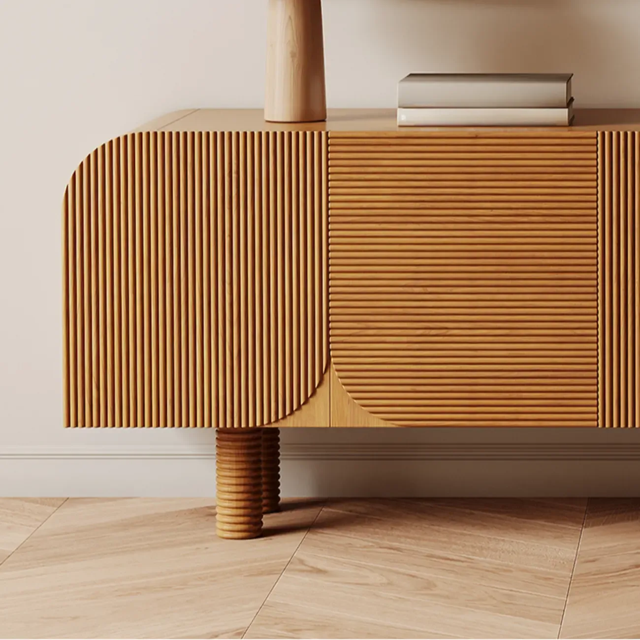 71" Rustic Brown Fluted Wooden TV Stand for Living Room Image - 11