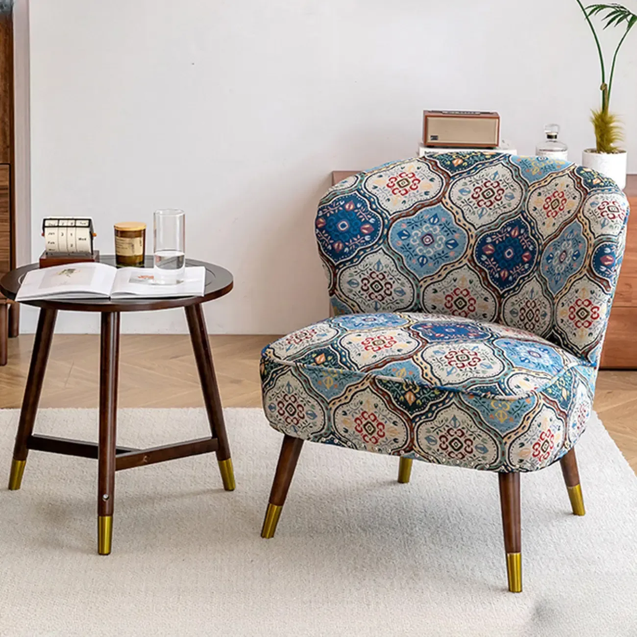 Vintage Bohemian Fabric Accent Chair with Floral Pattern for Home Image - 3