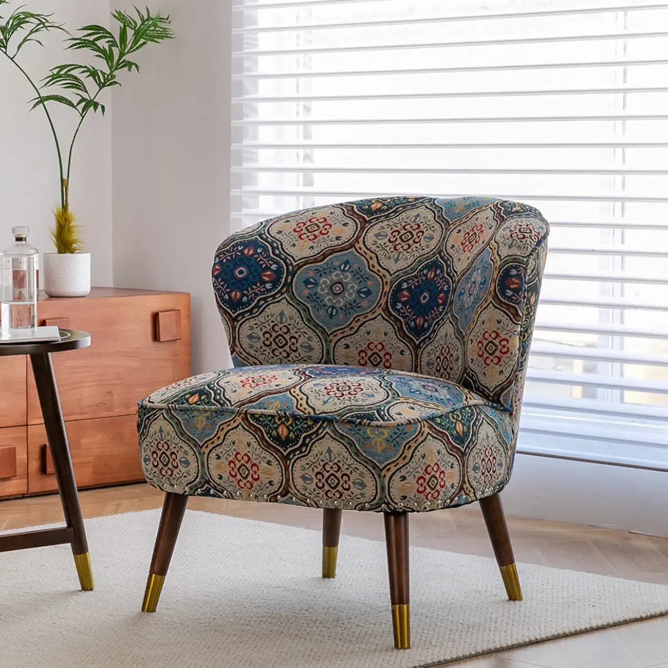 Vintage Bohemian Fabric Accent Chair with Floral Pattern for Home Image - 2