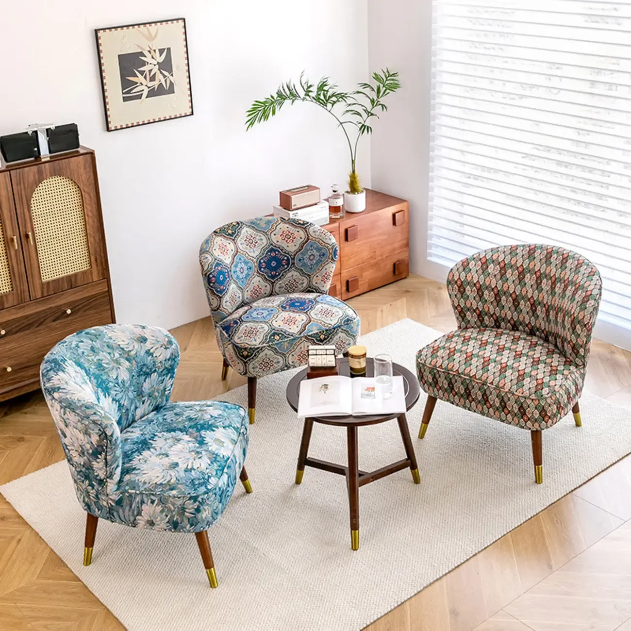 Vintage Bohemian Fabric Accent Chair with Floral Pattern for Home Image - 7