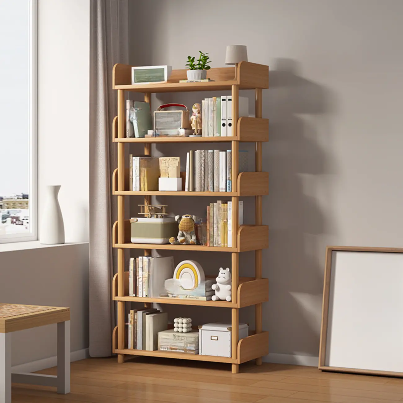 Vertical Natural Multi-Shelf Open Back Wood Bookcase Image - 1 | homeyfad