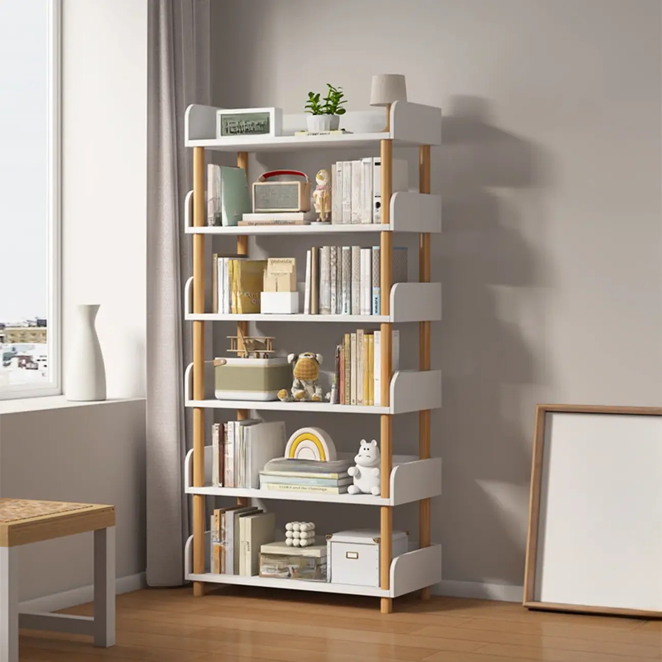 Vertical Natural Multi-Shelf Open Back Wood Bookcase Image - 2