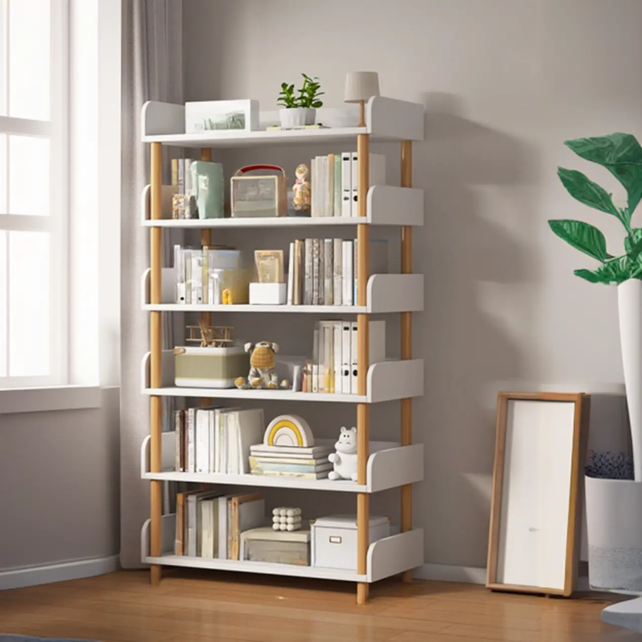 Vertical Natural Multi-Shelf Open Back Wood Bookcase Image - 3 | homeyfad