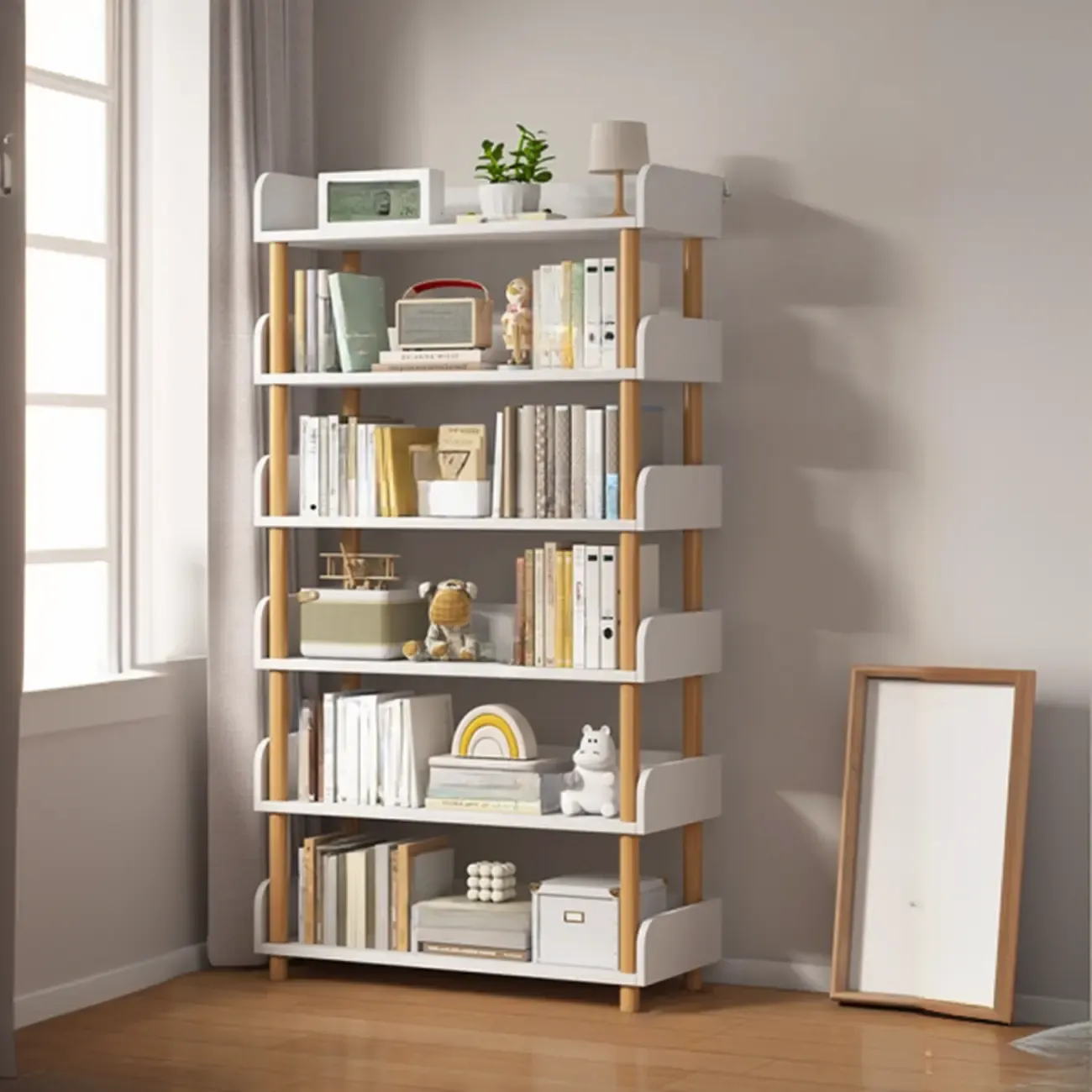 Vertical Natural Multi-Shelf Open Back Wood Bookcase Image - 4