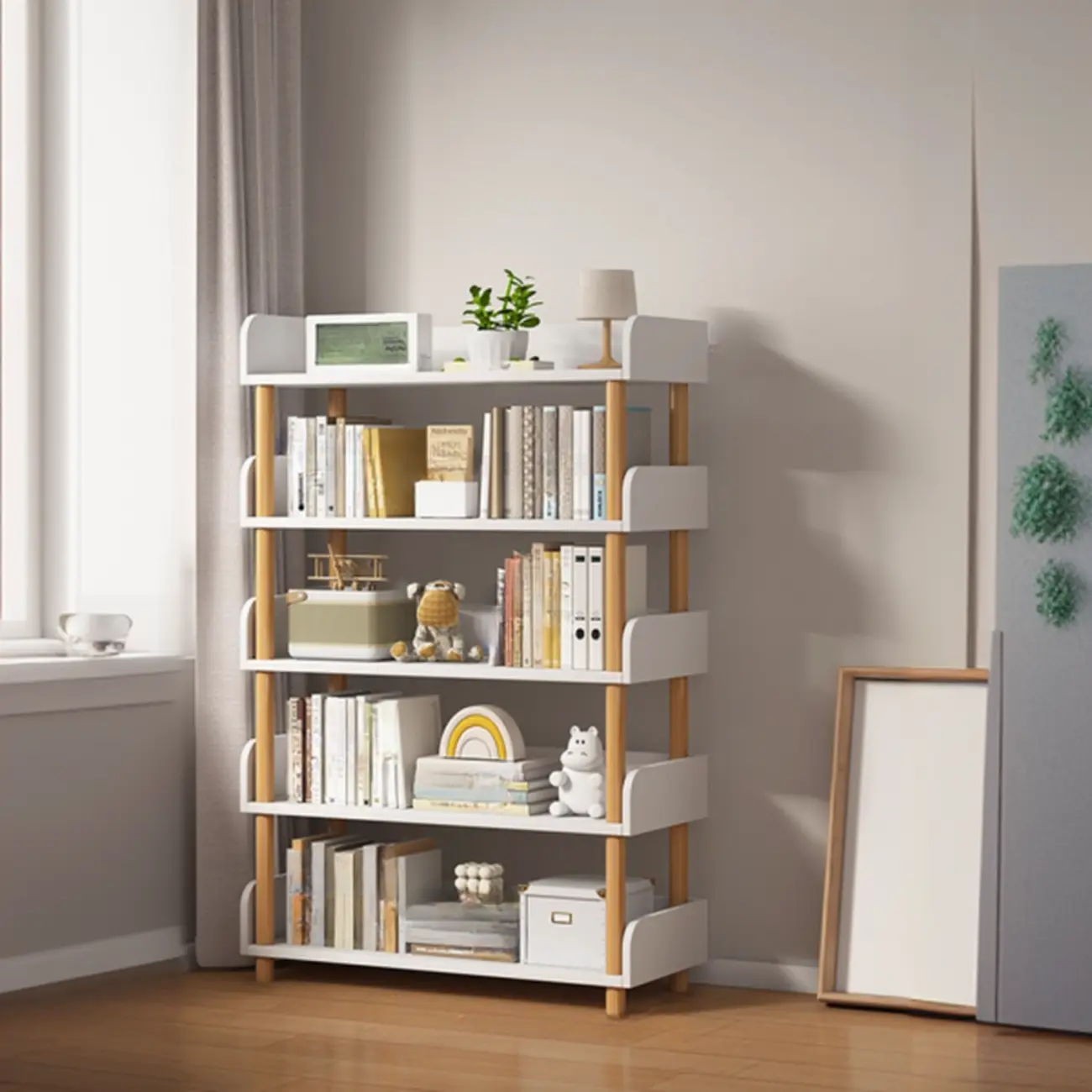 Vertical Natural Multi-Shelf Open Back Wood Bookcase Image - 6 | homeyfad