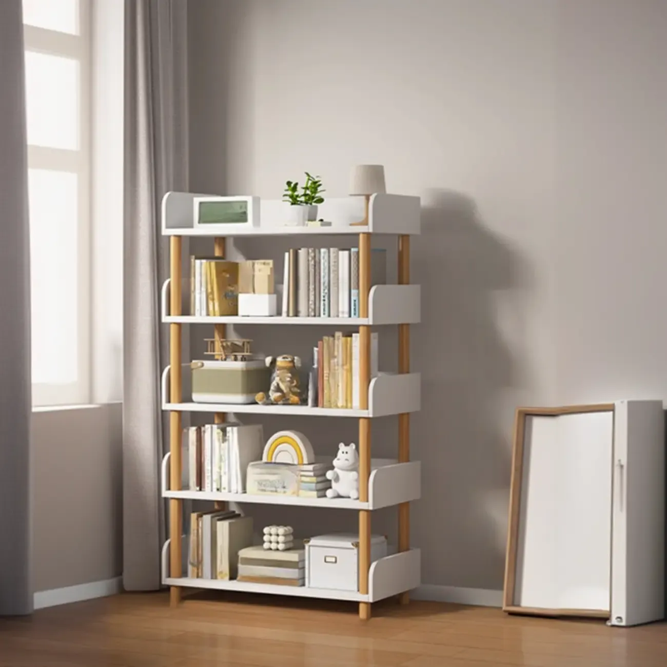 Vertical Natural Multi-Shelf Open Back Wood Bookcase Image - 7