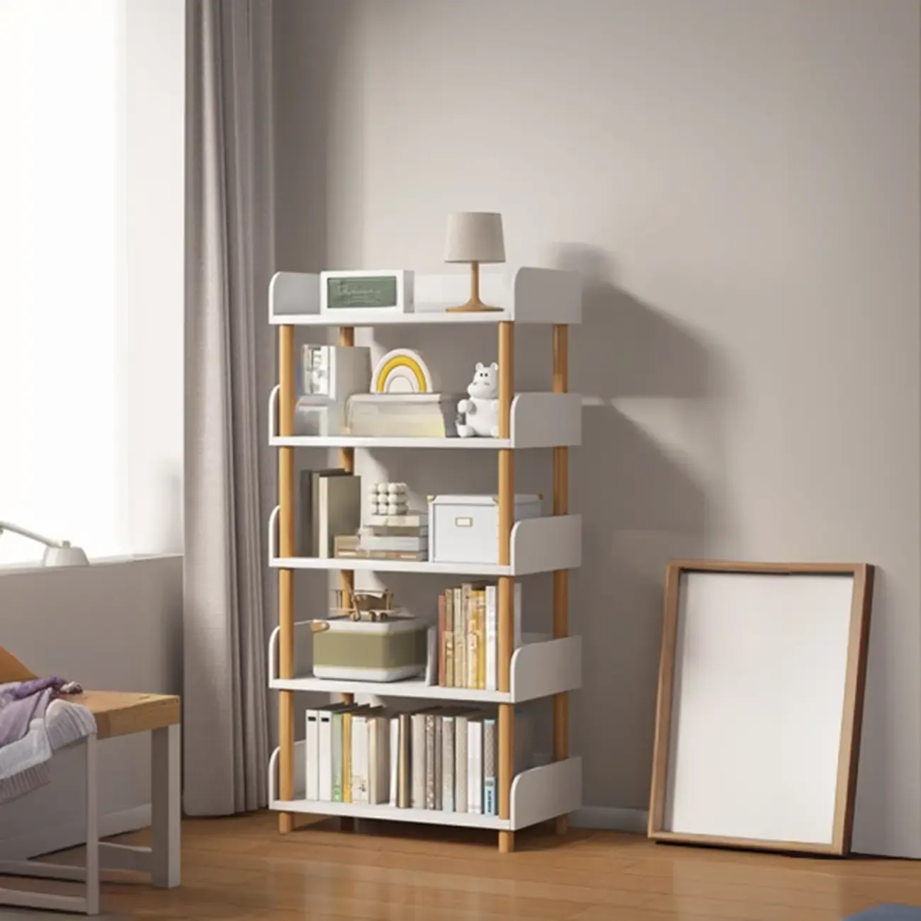 Vertical Natural Multi-Shelf Open Back Wood Bookcase Image - 8