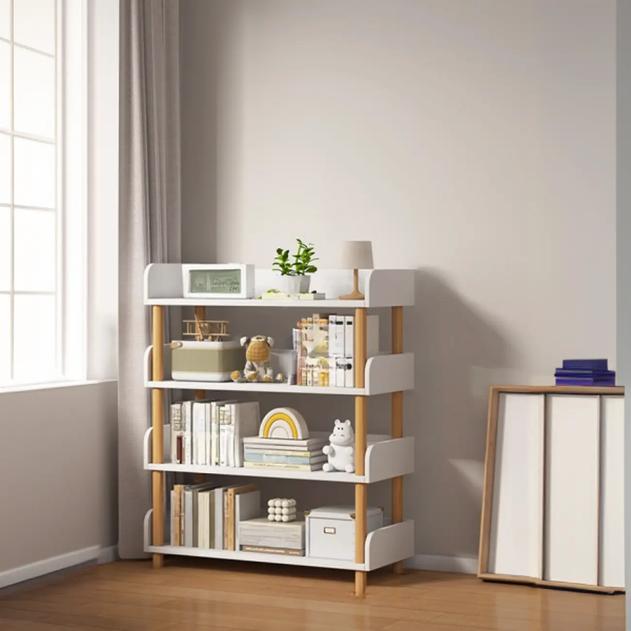 Vertical Natural Multi-Shelf Open Back Wood Bookcase Image - 9 | homeyfad
