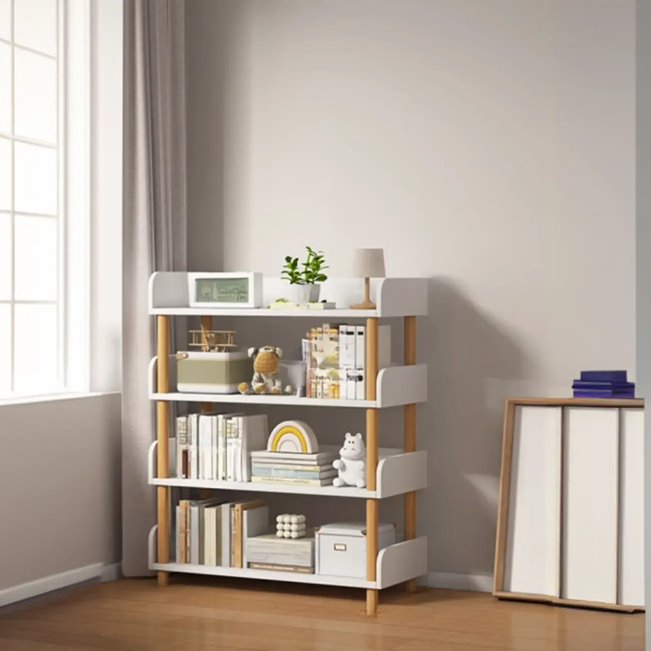 Vertical Natural Multi-Shelf Open Back Wood Bookcase Image - 9