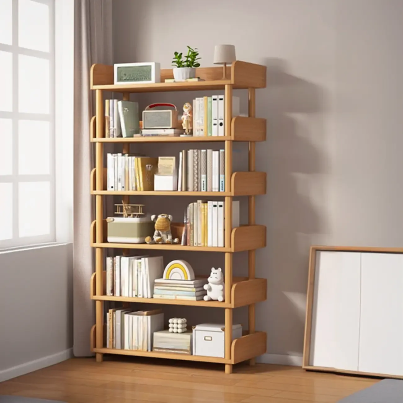 Vertical Natural Multi-Shelf Open Back Wood Bookcase Image - 14