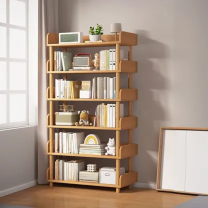 Vertical Natural Multi-Shelf Open Back Wood Bookcase Image - 14