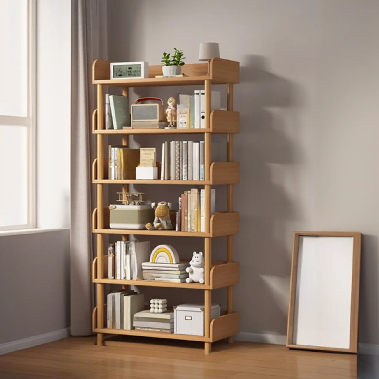 Vertical Natural Multi-Shelf Open Back Wood Bookcase Image - 15 | homeyfad