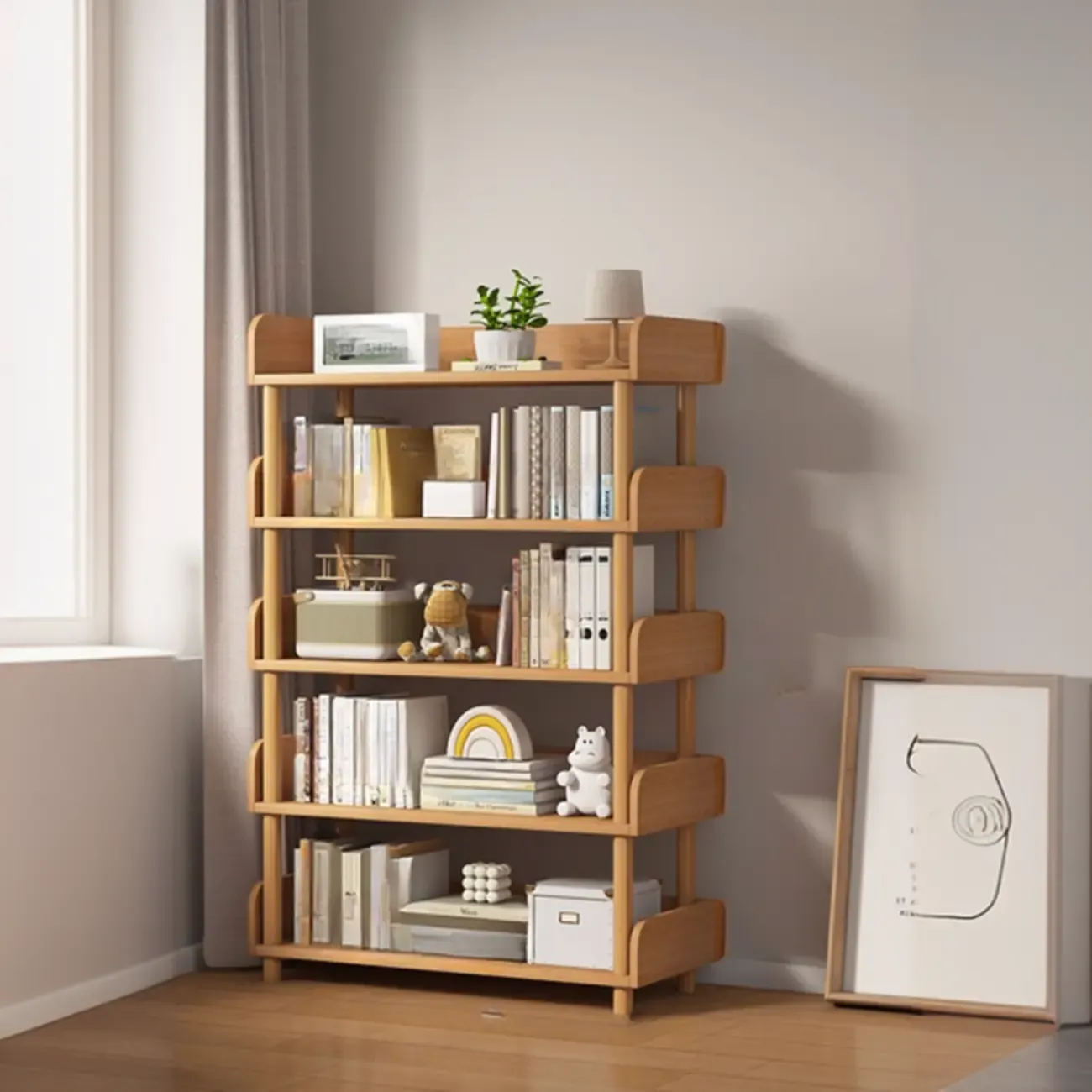 Vertical Natural Multi-Shelf Open Back Wood Bookcase Image - 16
