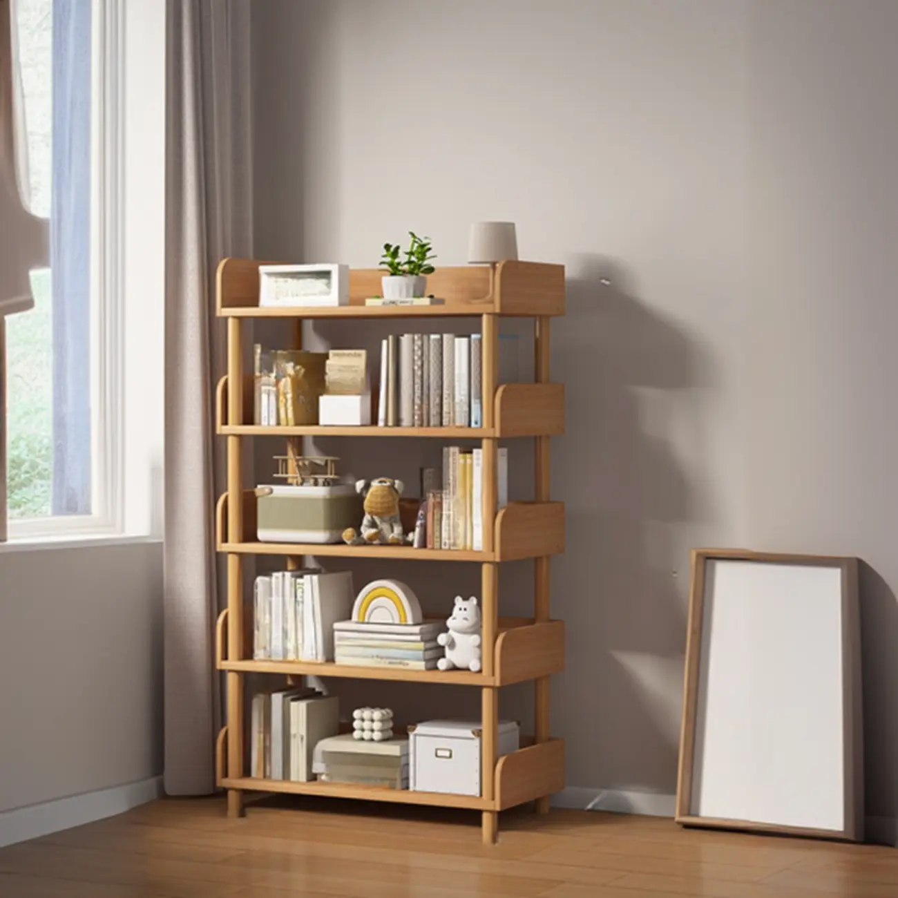 Vertical Natural Multi-Shelf Open Back Wood Bookcase Image - 17 | homeyfad
