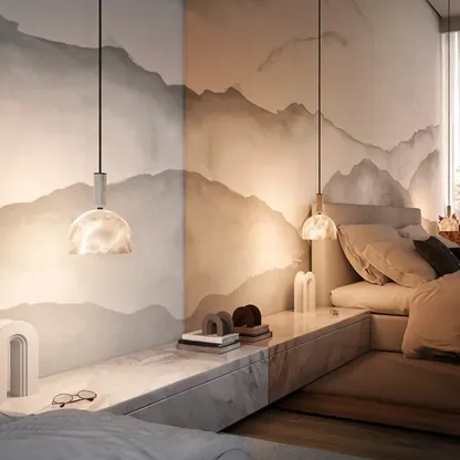Contemporary Bedroom White Alabaster Dome Pendant Light Image - 2