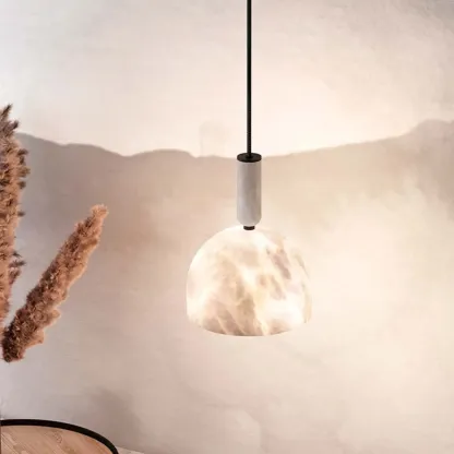 Contemporary Bedroom White Alabaster Dome Pendant Light Image - 5