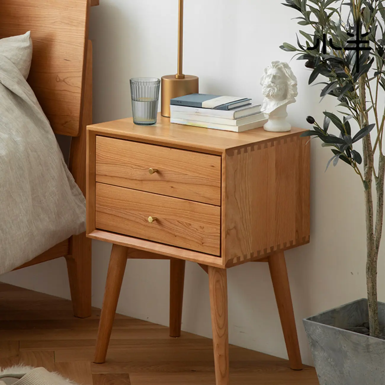 Scandinavian Narrow Cherry Wood Nightstand with Drawers Image - 1 | homeyfad