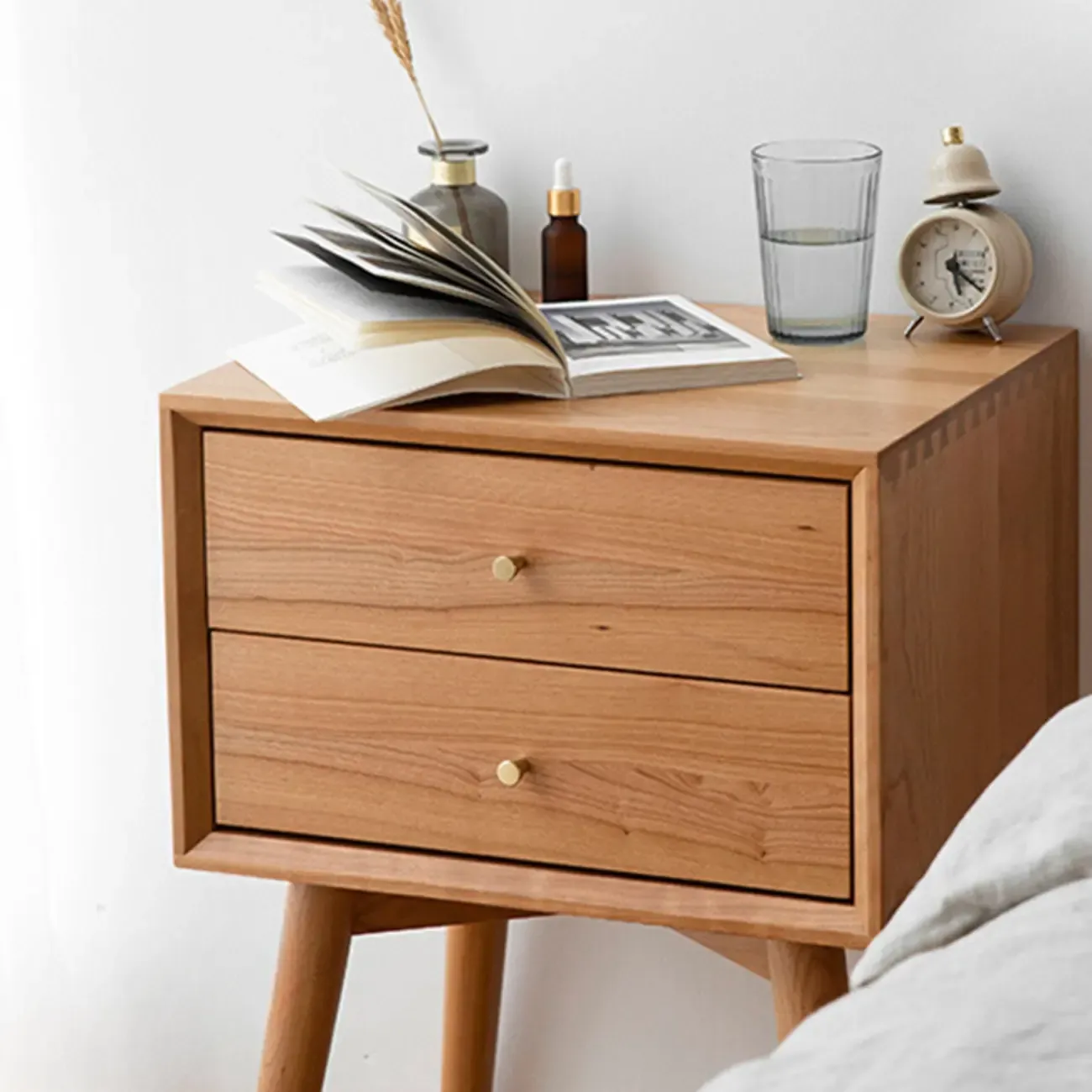 Scandinavian Narrow Cherry Wood Nightstand with Drawers Image - 2