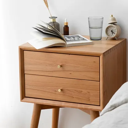 Scandinavian Narrow Cherry Wood Nightstand with Drawers Image - 2
