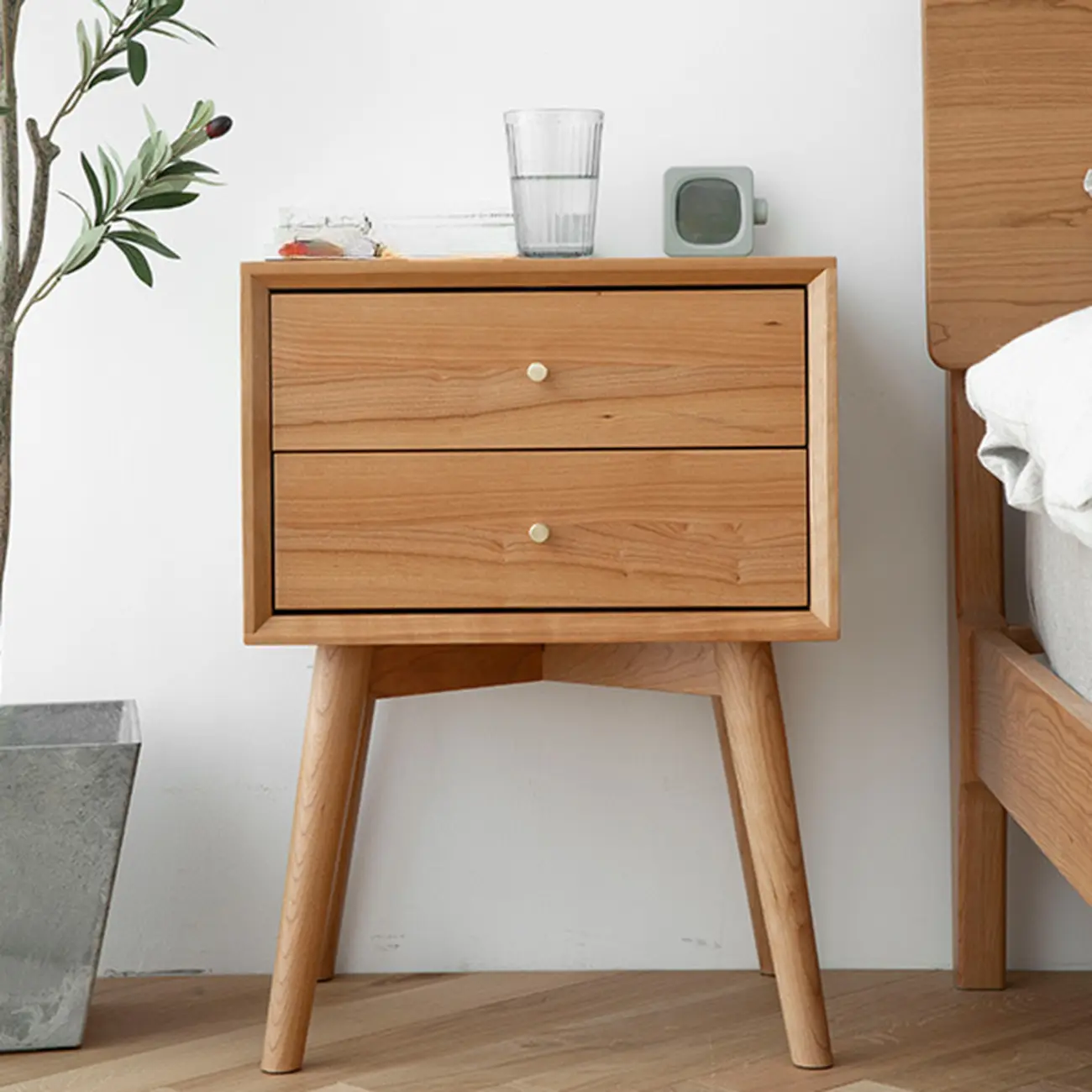 Scandinavian Narrow Cherry Wood Nightstand with Drawers Image - 3 | homeyfad