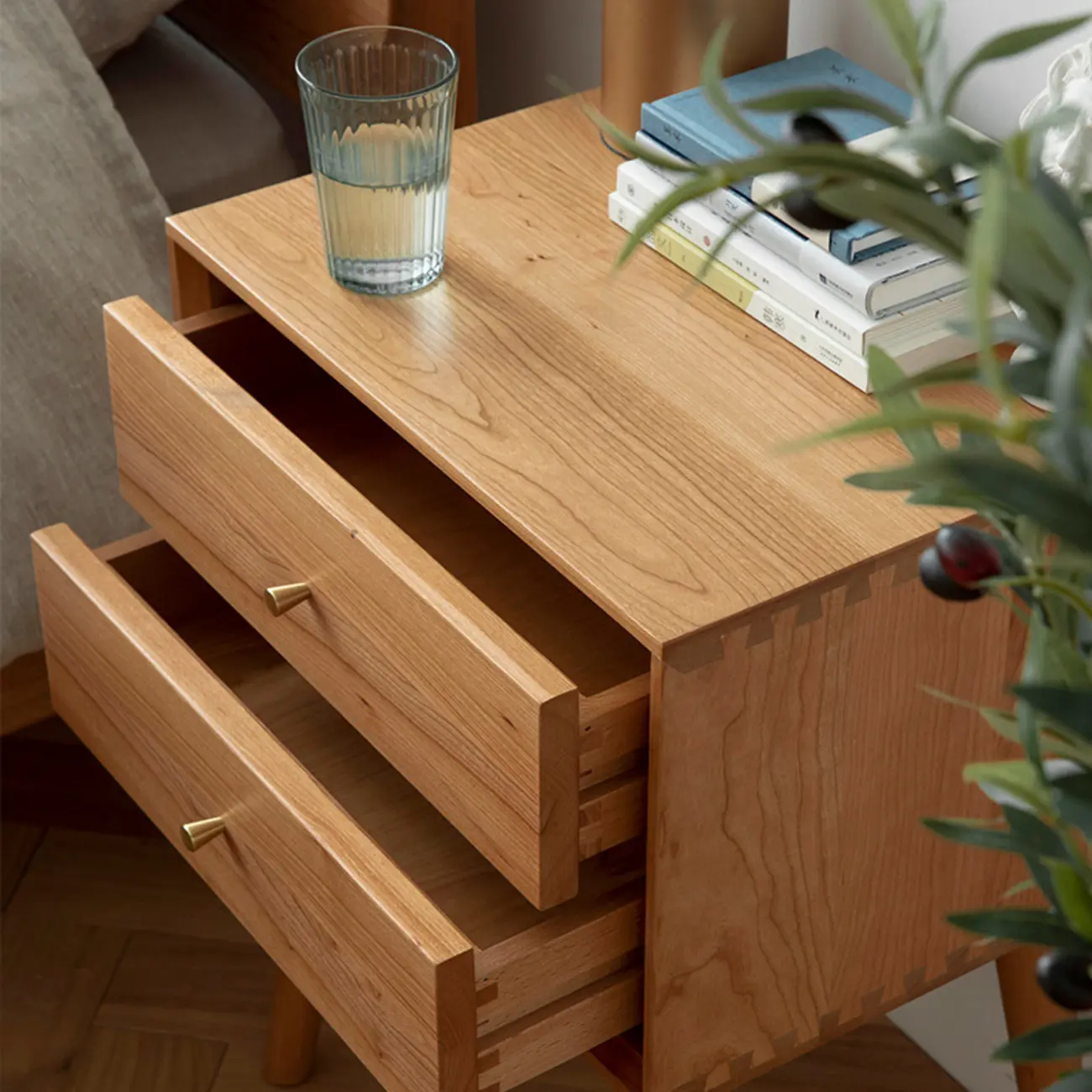 Scandinavian Narrow Cherry Wood Nightstand with Drawers Image - 4 | homeyfad