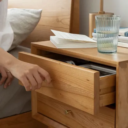 Scandinavian Narrow Cherry Wood Nightstand with Drawers Image - 5