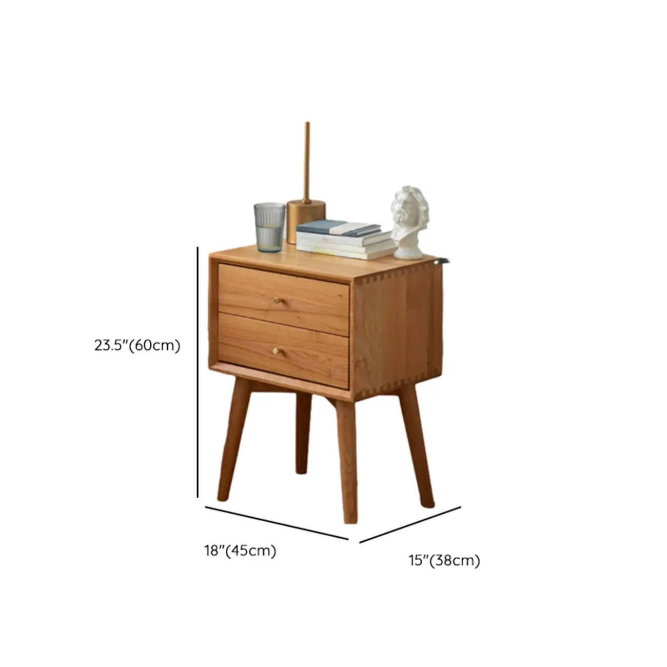 Scandinavian Narrow Cherry Wood Nightstand with Drawers #size | homeyfad