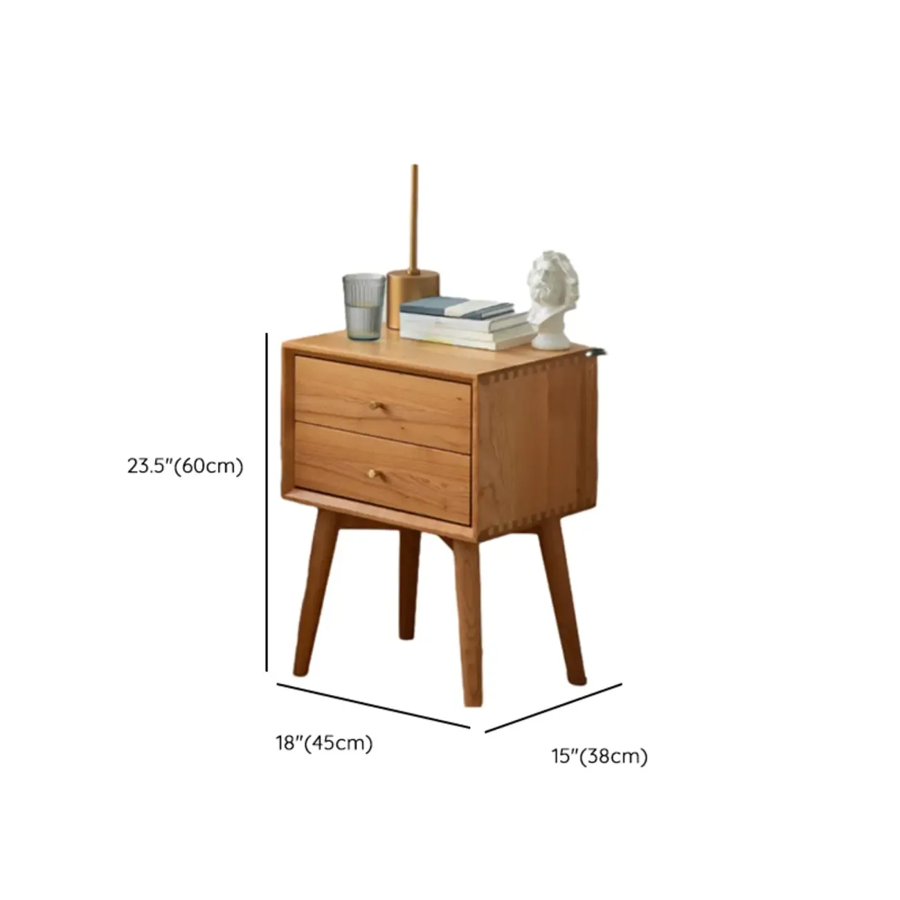 Scandinavian Narrow Cherry Wood Nightstand with Drawers #size