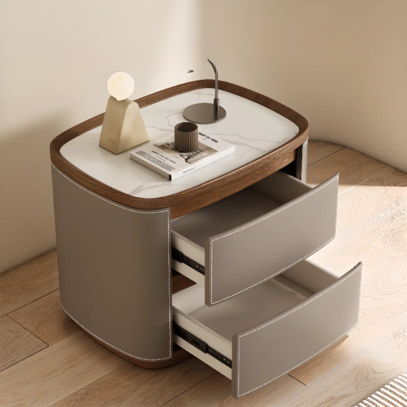 Trendy Low Tray-Top 2 Layer Solid Wood Nightstand Image - 2 | homeyfad