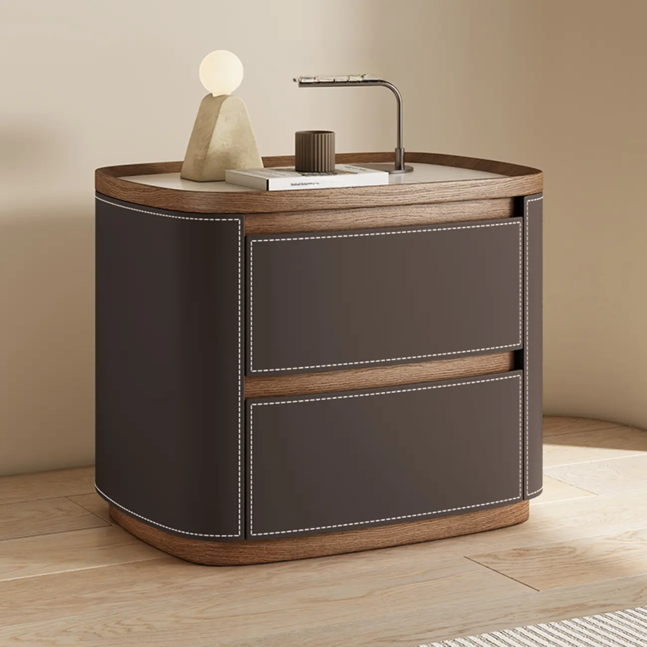 Trendy Low Tray-Top 2 Layer Solid Wood Nightstand Image - 5 | homeyfad