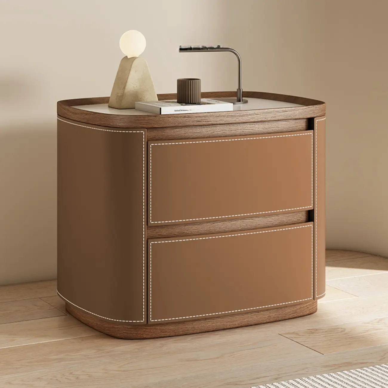 Trendy Low Tray-Top 2 Layer Solid Wood Nightstand Image - 7