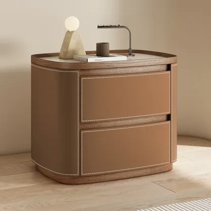Trendy Low Tray-Top 2 Layer Solid Wood Nightstand Image - 7